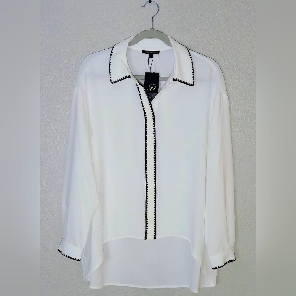 Adrianna Papell White Button Down With Black Trim Size M NWT
